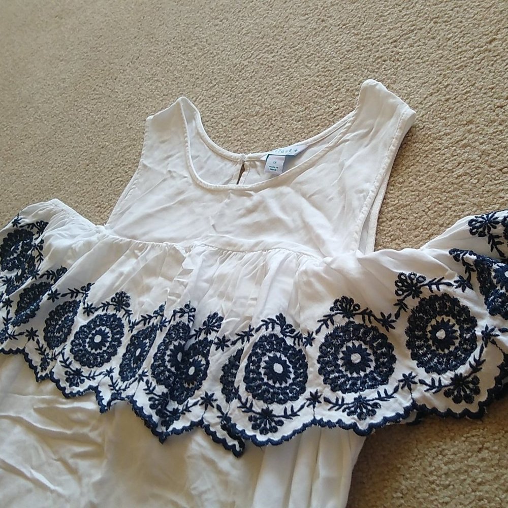 White Cold Shoulder Tank With Blue Embroidery